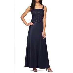Alex Evenings Midnight Blue Lace Bodice Maxi Gown Formal Dress Size 12 NWT